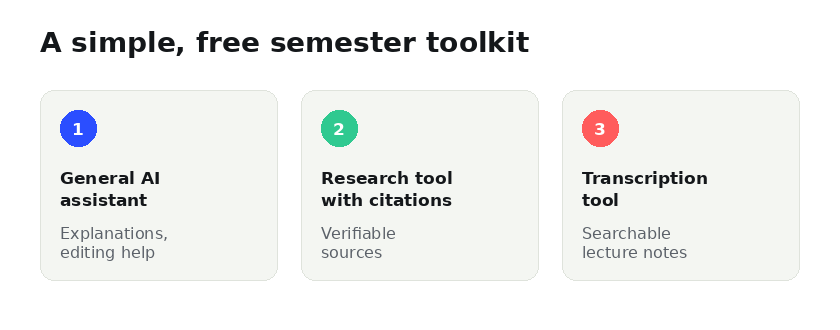 A simple free semester toolkit: general AI assistant for explanations, research tool with citations, and transcription tool